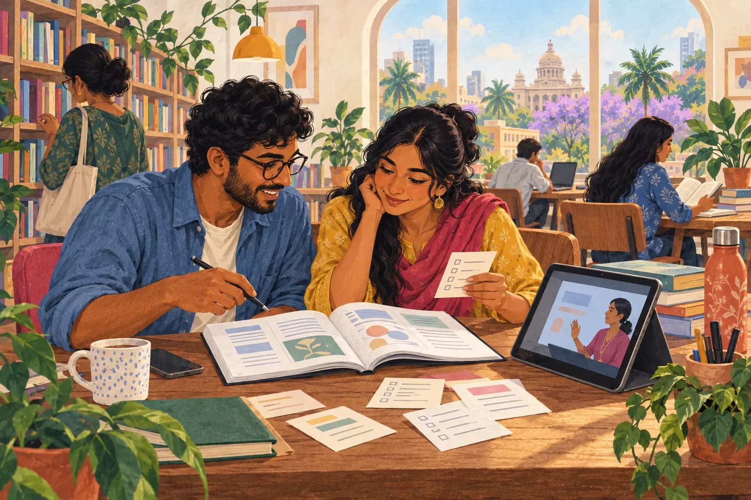 Two adults use a practical guide, checklist cards and a recorded workshop to support their learning