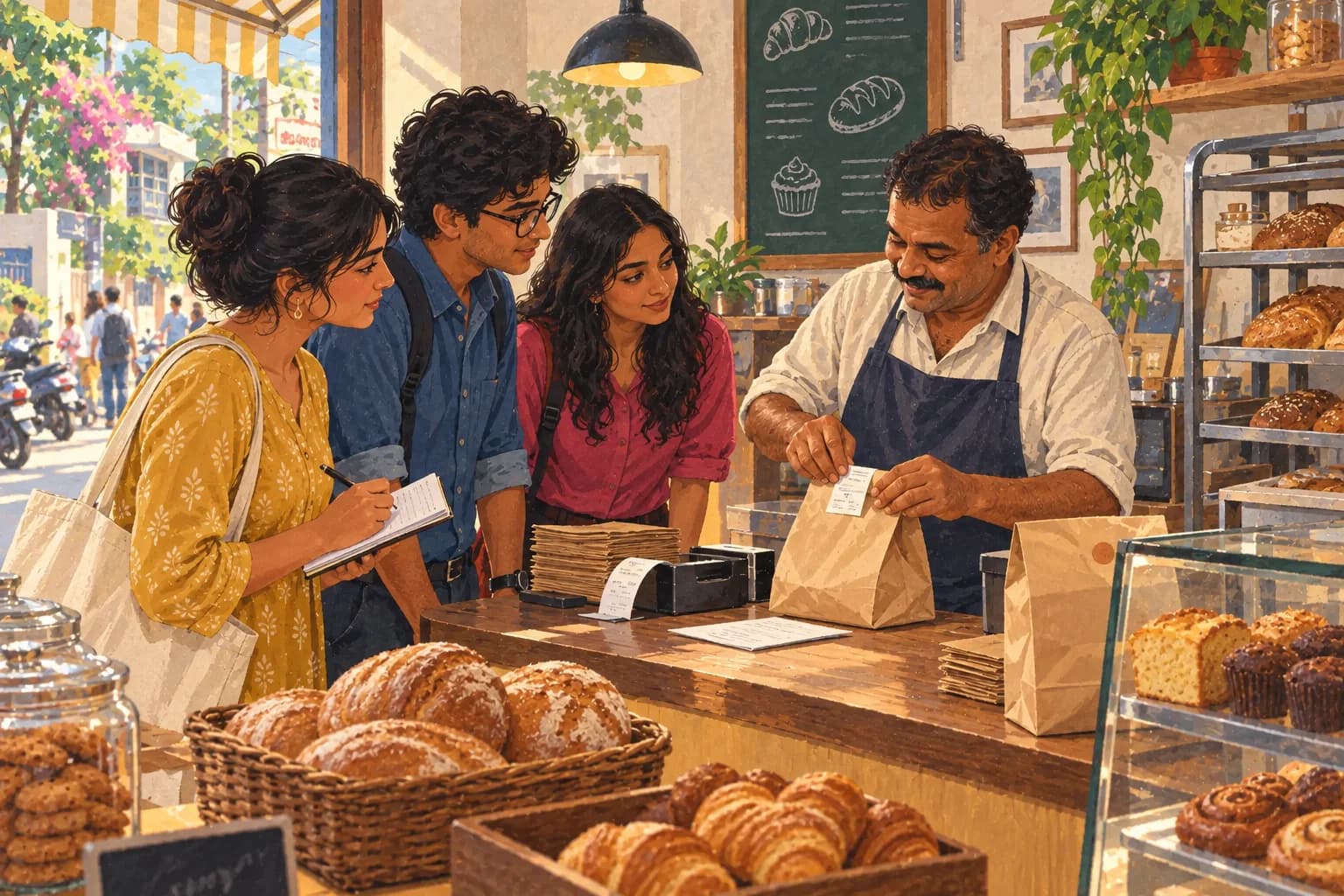 Business students observe how a bakery owner handles an order from counter to packaging.