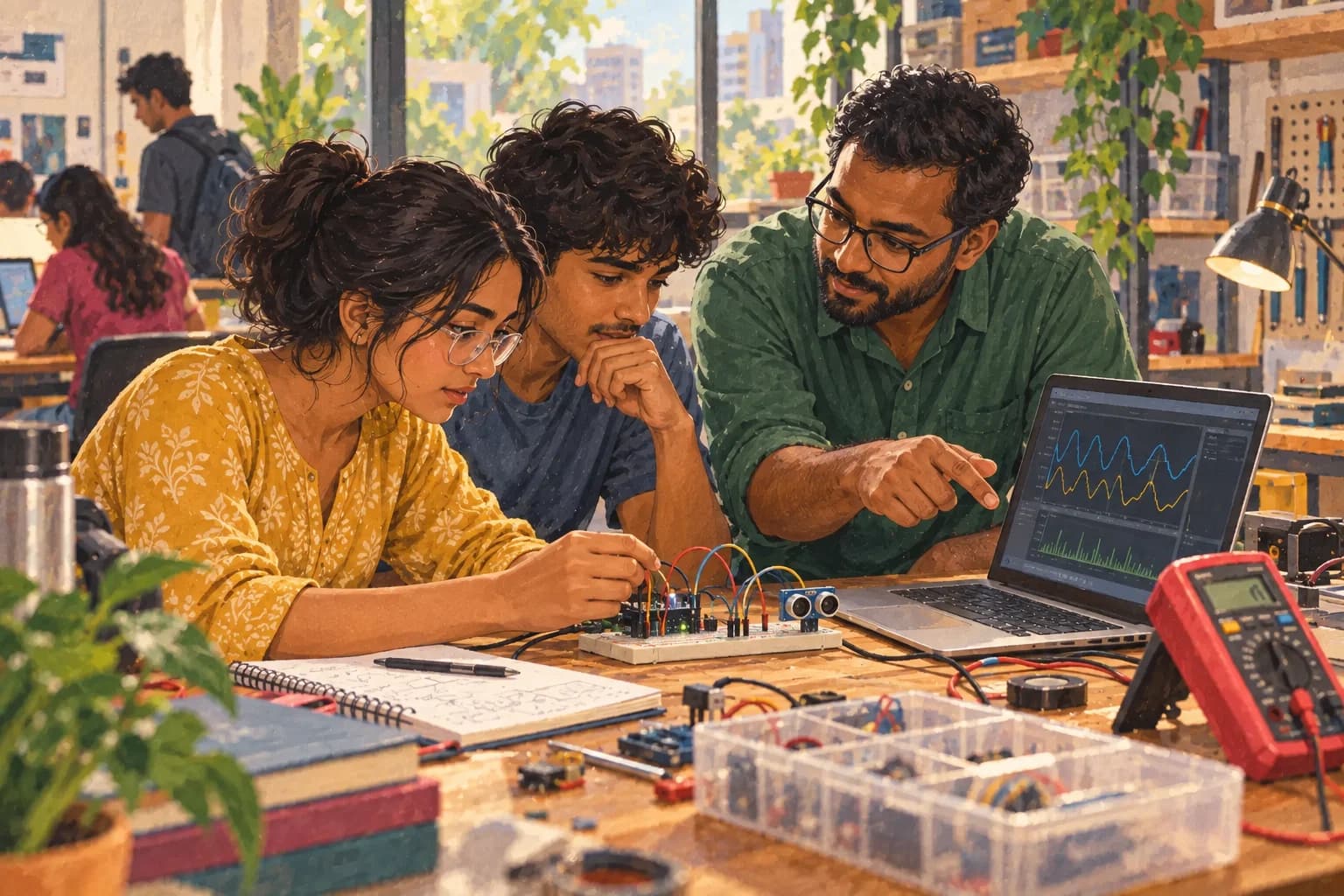 Engineering students test a sensor prototype with a professional at an electronics workbench.