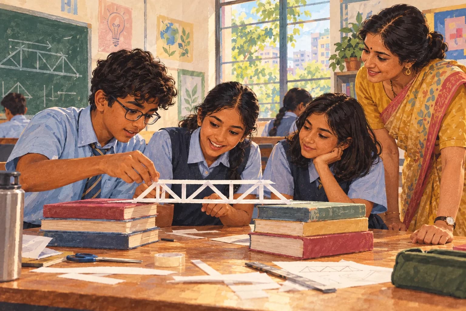 School students test a paper bridge while a teacher supports their experiment.