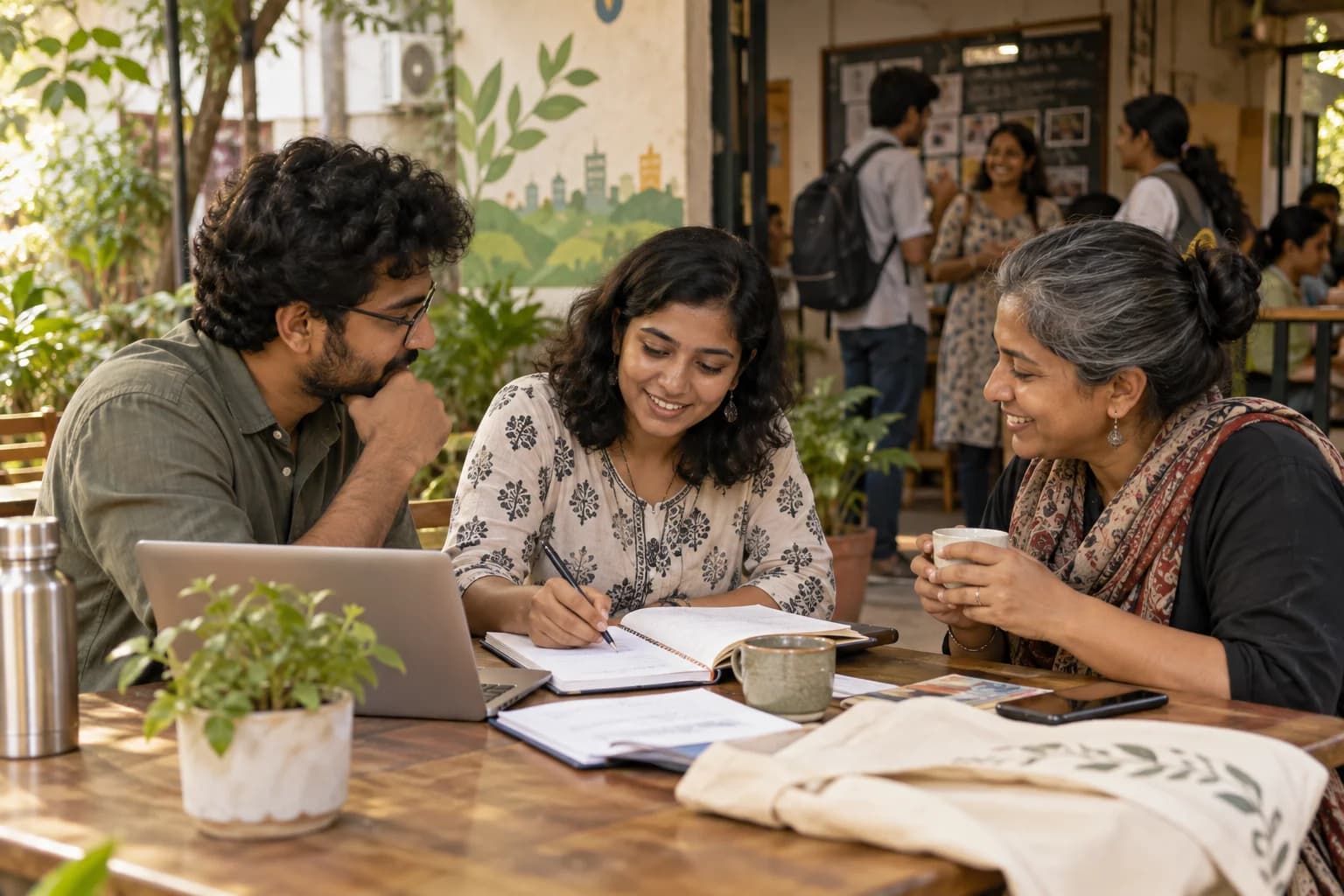 Three adults plan a community session together over notebooks and tea