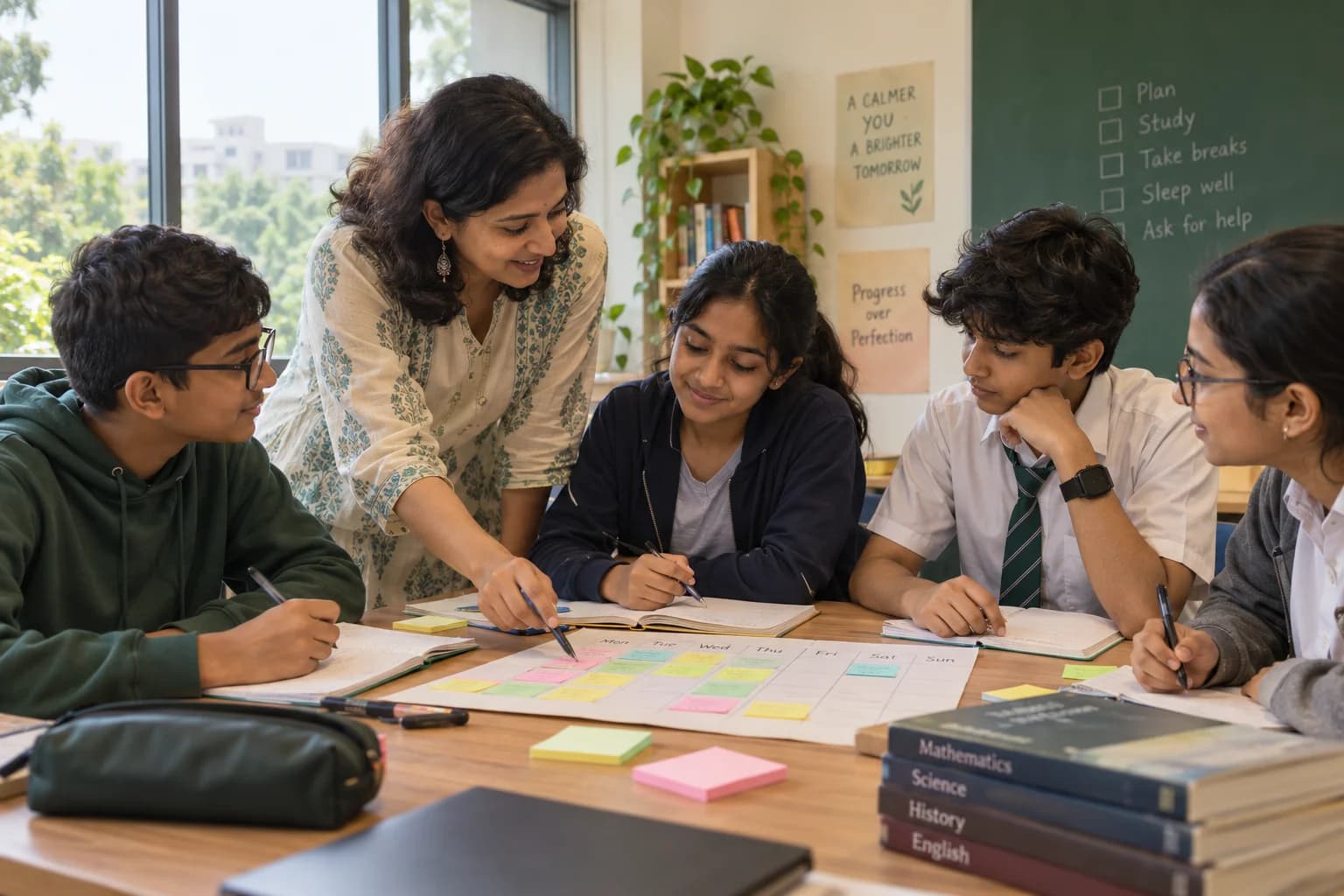 Students work with a teacher to organise study tasks into a manageable plan