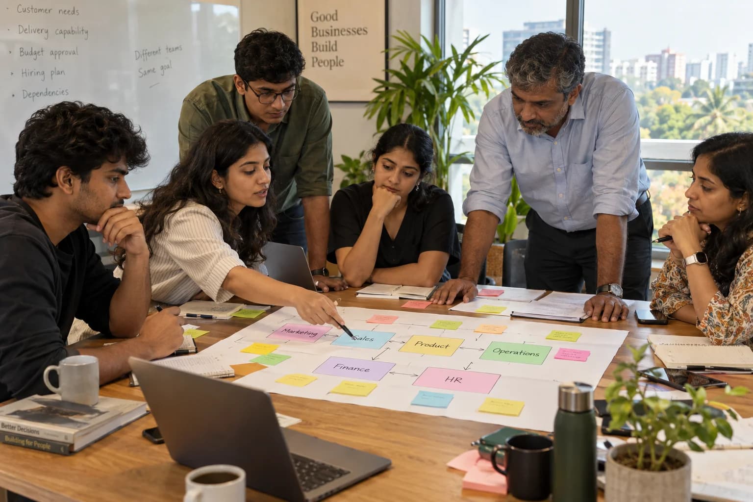 Students and practitioners map handoffs between sales, product, operations, finance and HR