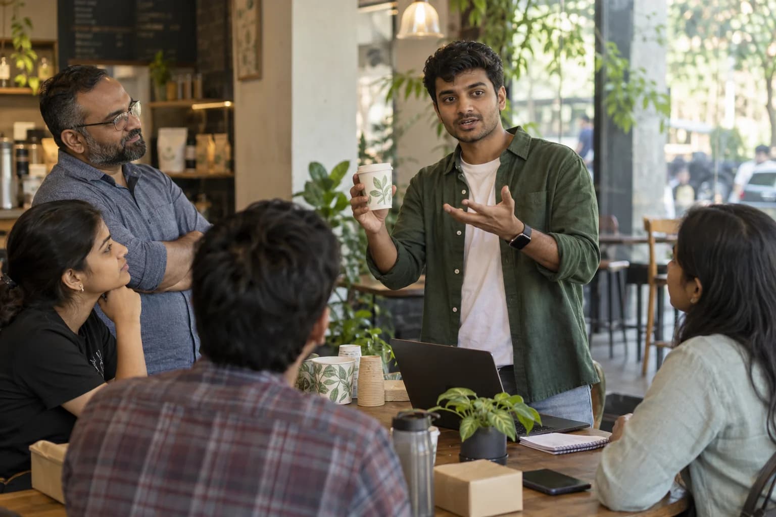 An entrepreneur demonstrates a printed cup while practising a customer conversation with a small group.