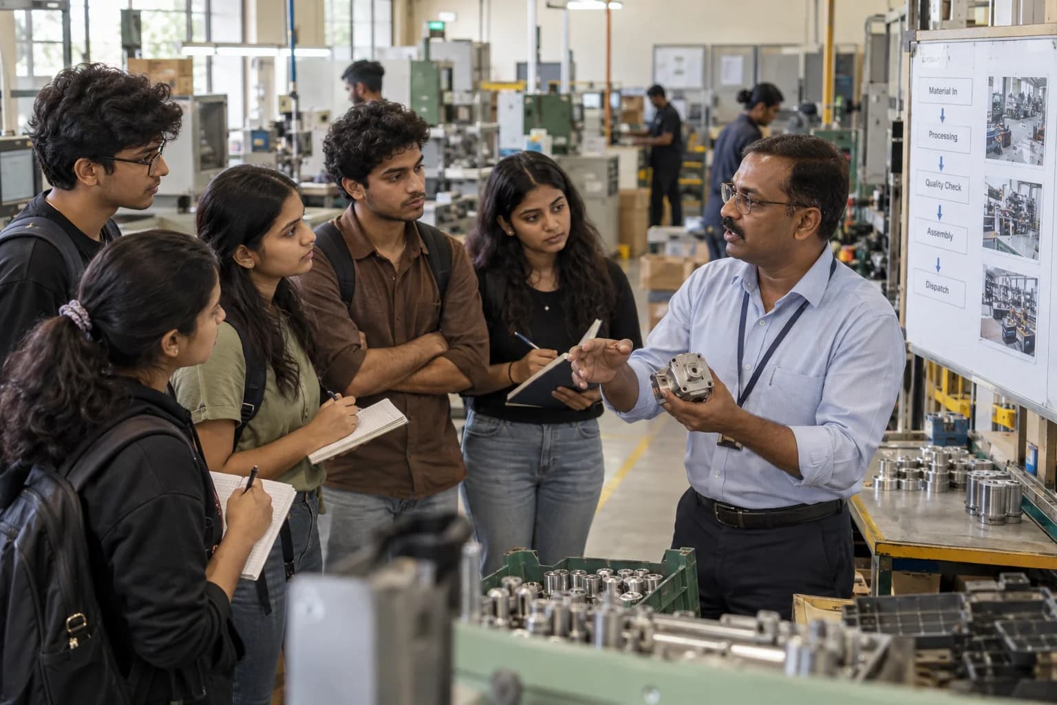 A practitioner guides business students through a workshop and explains its production processes