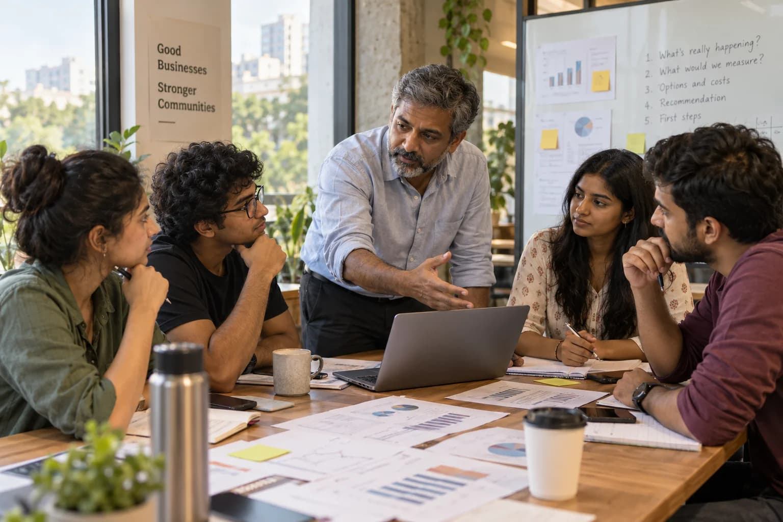 A practitioner and students analyse a business problem using performance charts and notes