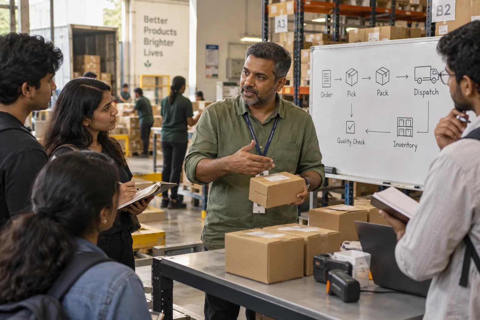 Students learn about order fulfilment and dispatch in a warehouse setting