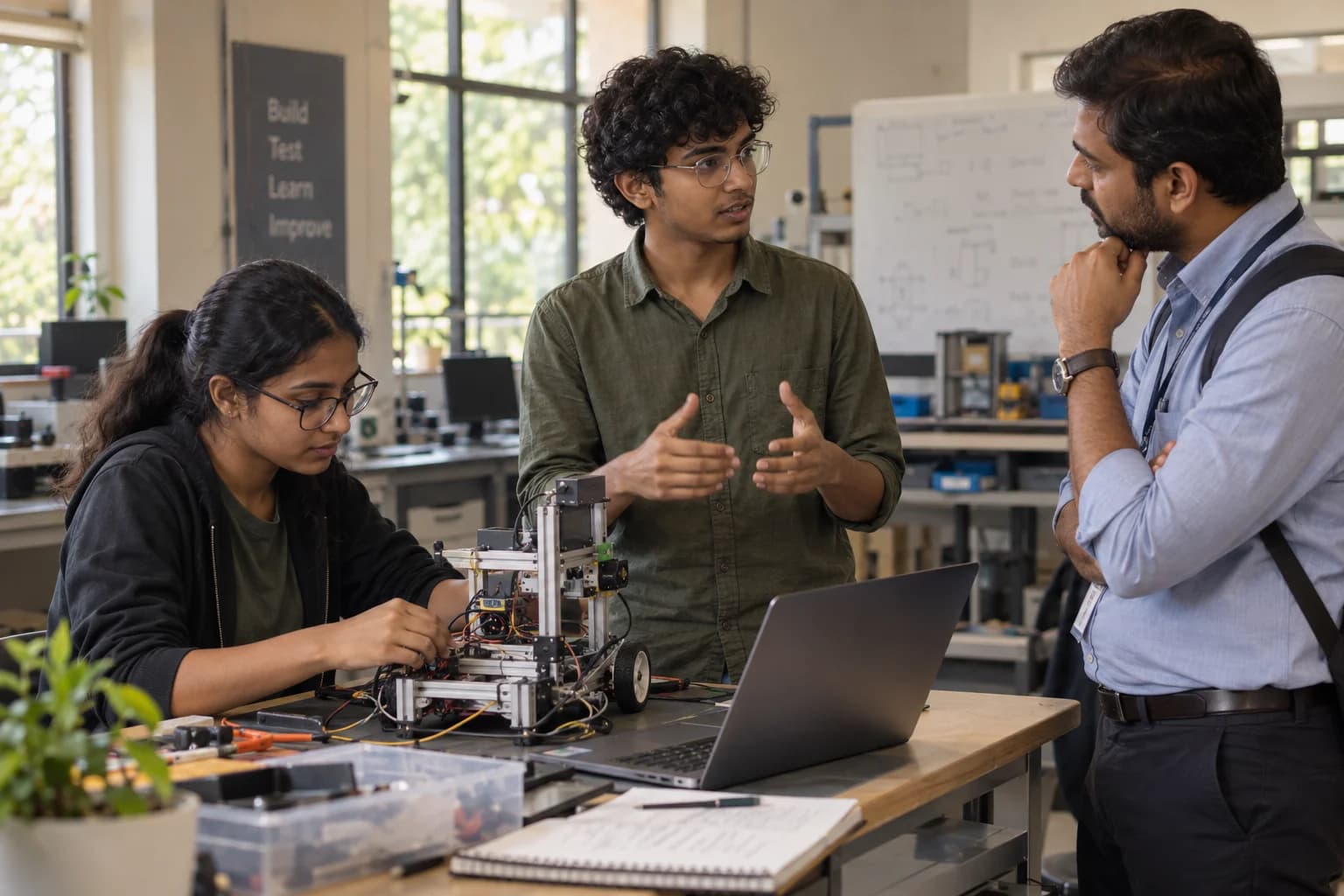 Engineering students explain and demonstrate their project to a visiting professional.