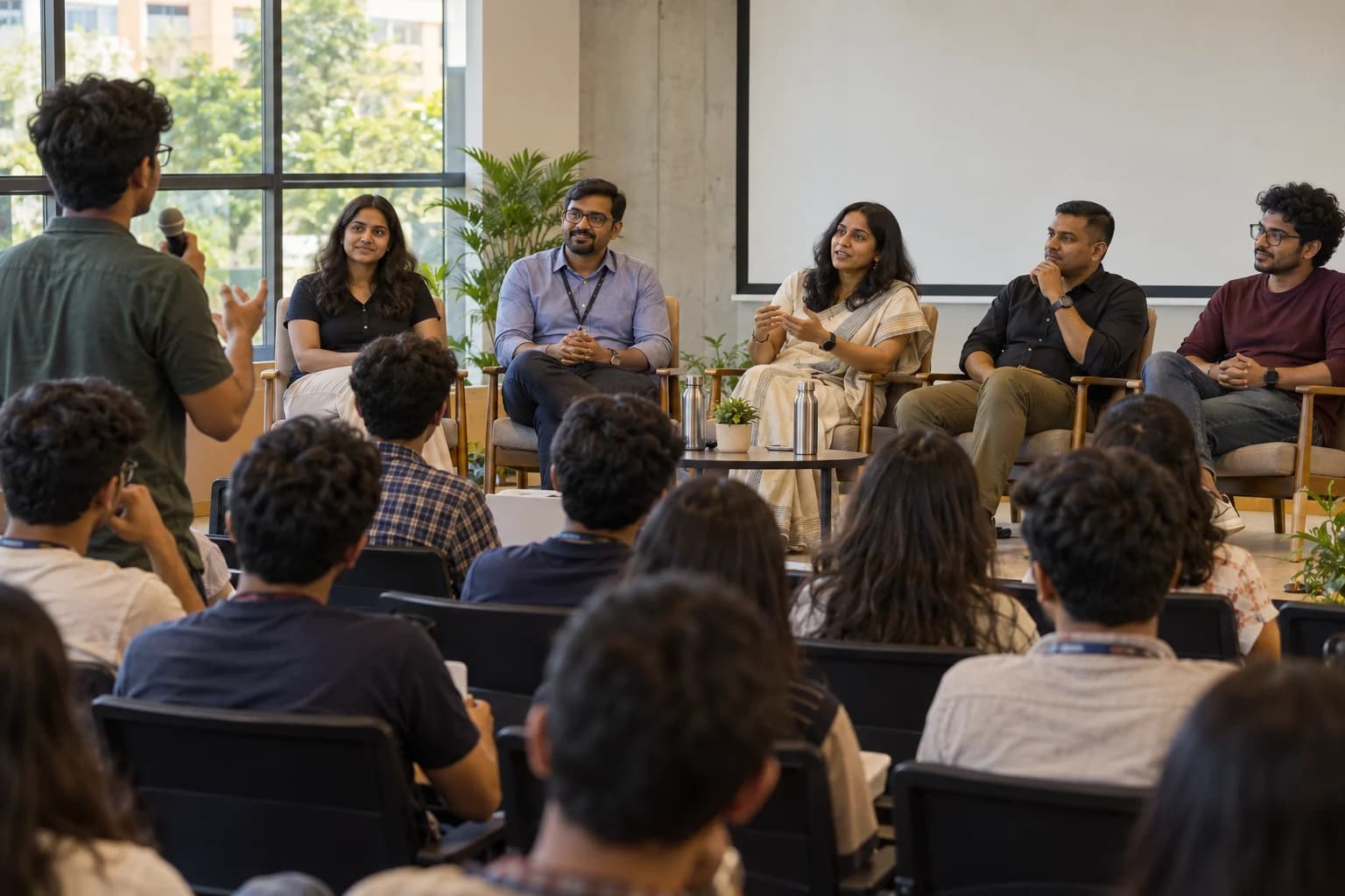 Engineering students hear a panel discuss different career paths and ask questions