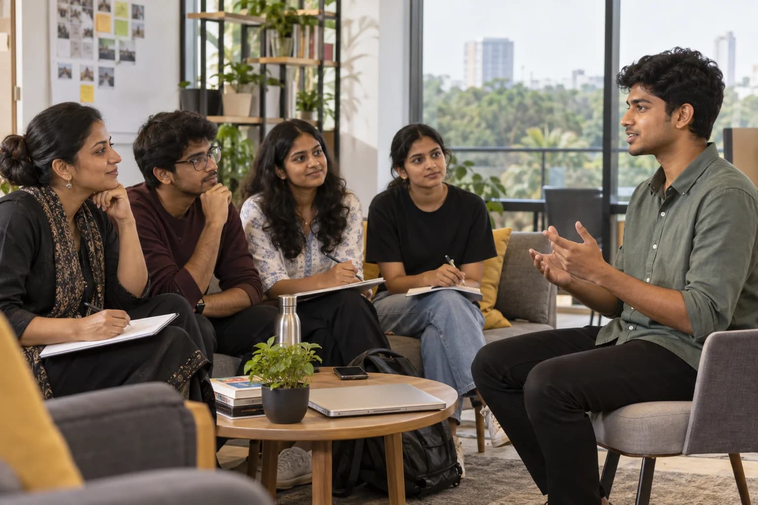 A student practises an interview answer while a mentor and classmates listen