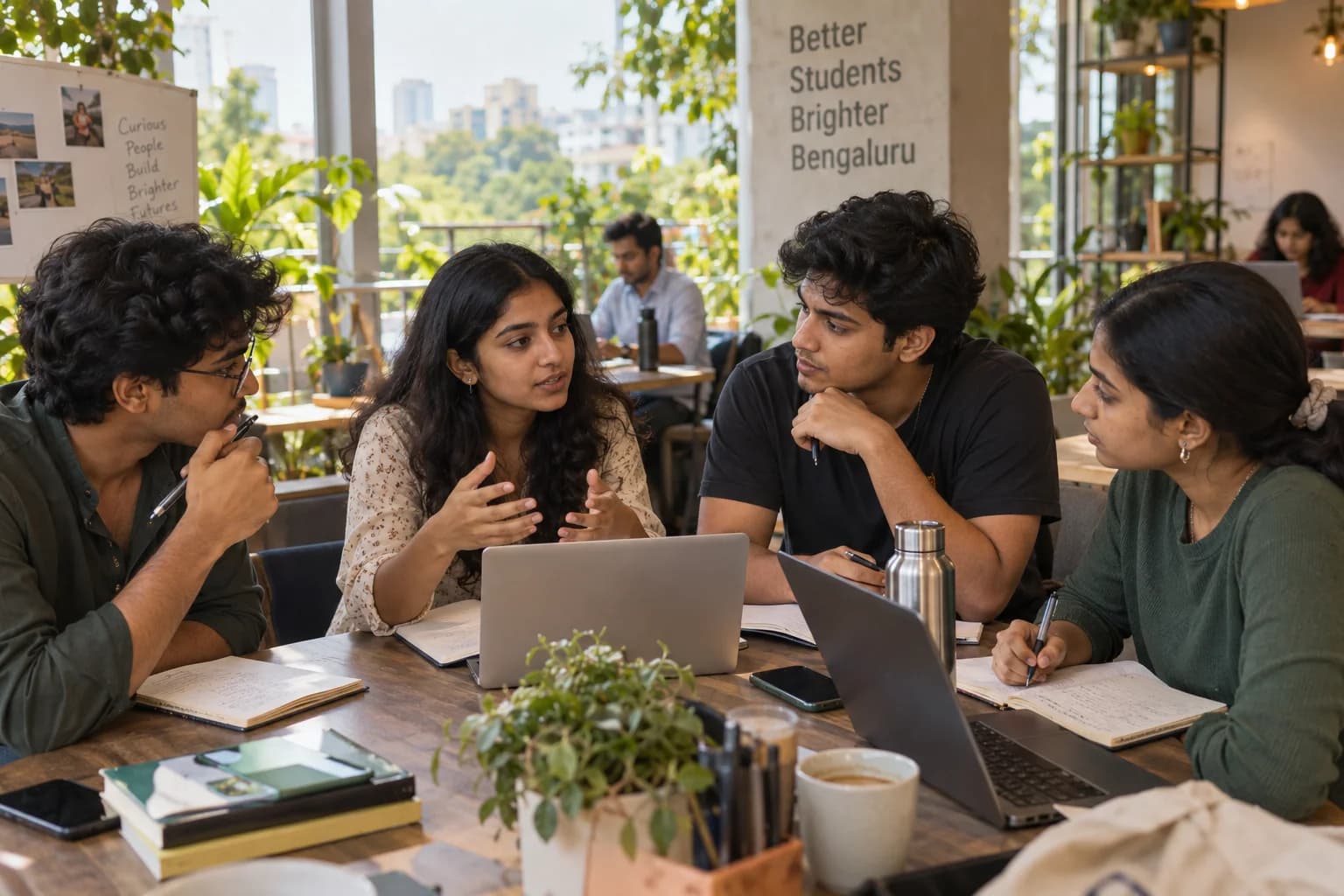 Students plan meaningful internships together using laptops and notebooks.