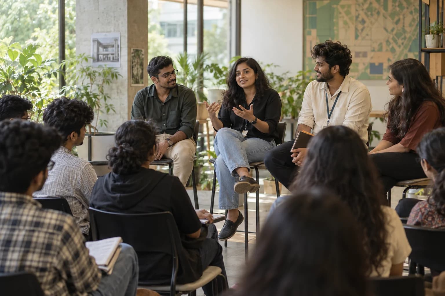 Recent graduates share early-career experiences with a group of students