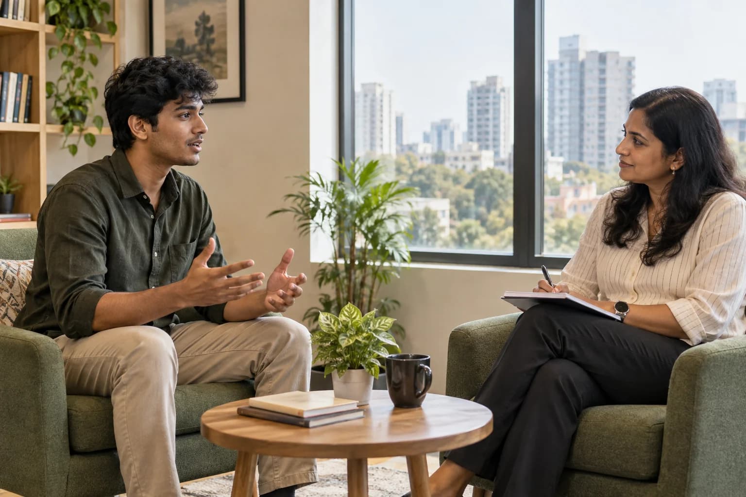 A graduate practises a job interview with a professional in a quiet office nook.