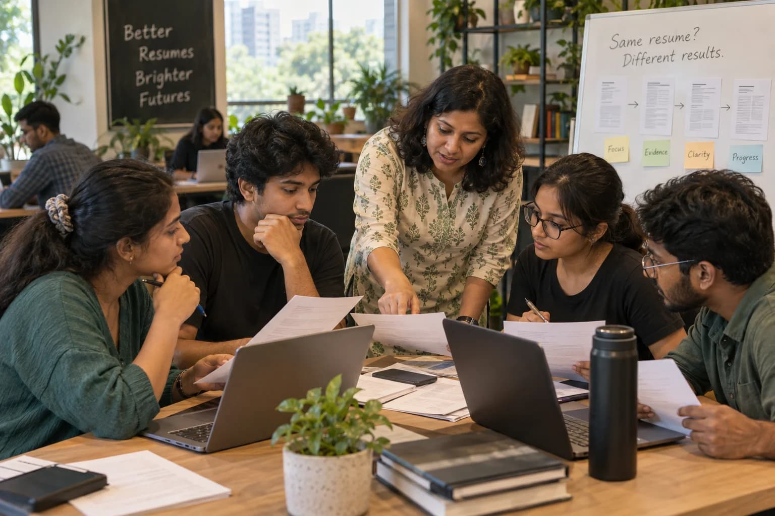 Job seekers compare resume examples and revise their applications with a facilitator
