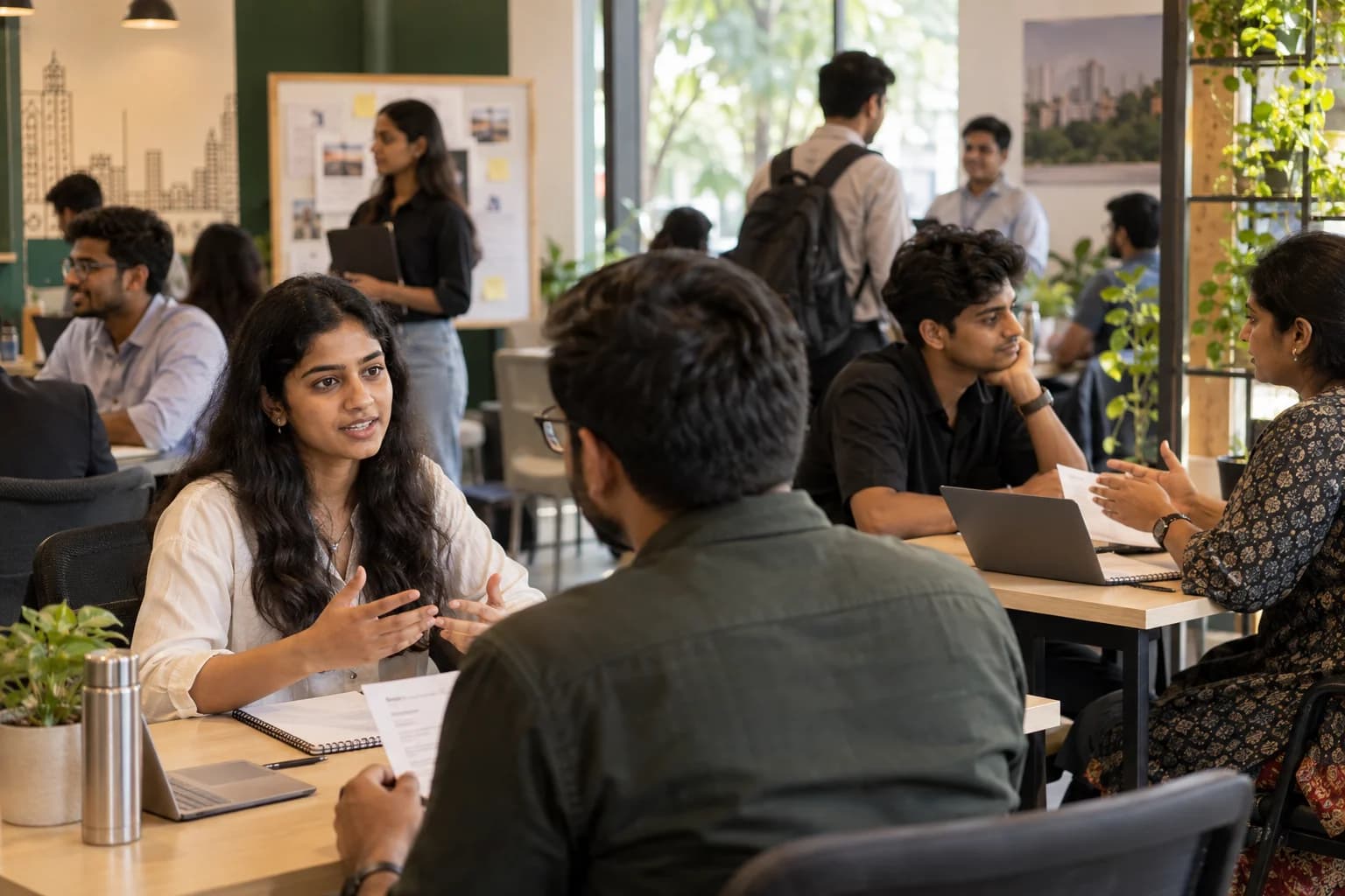Graduates practise interviews and discuss work samples at small career workshop stations