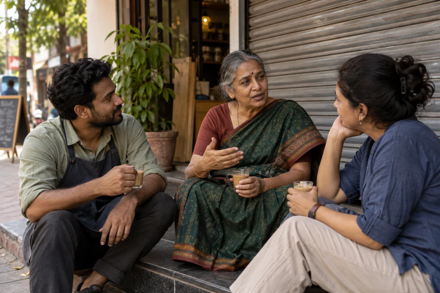 Three business owners exchange experiences over tea outside a neighbourhood shop.