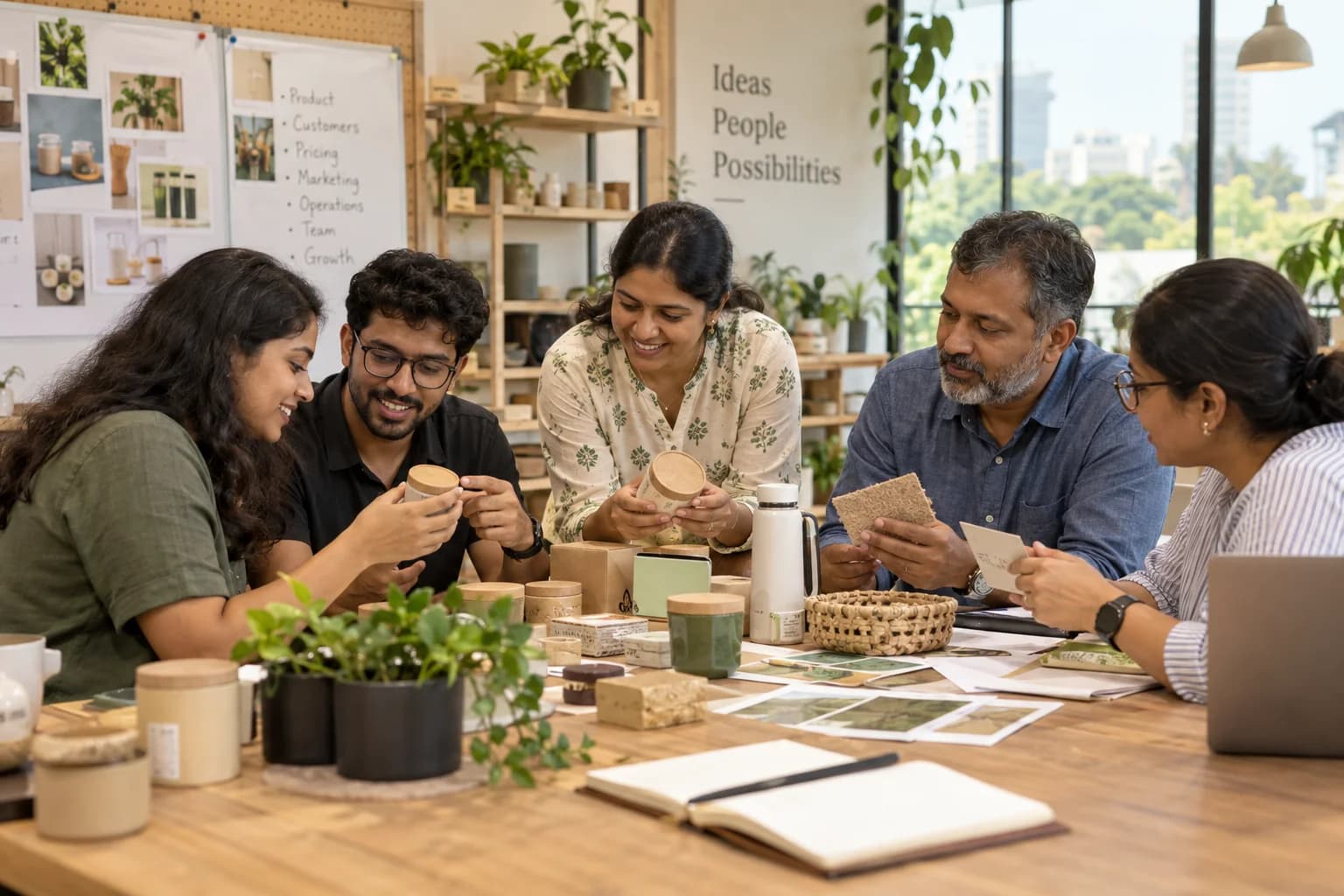 Business owners compare product samples and process cards in a practical workshop