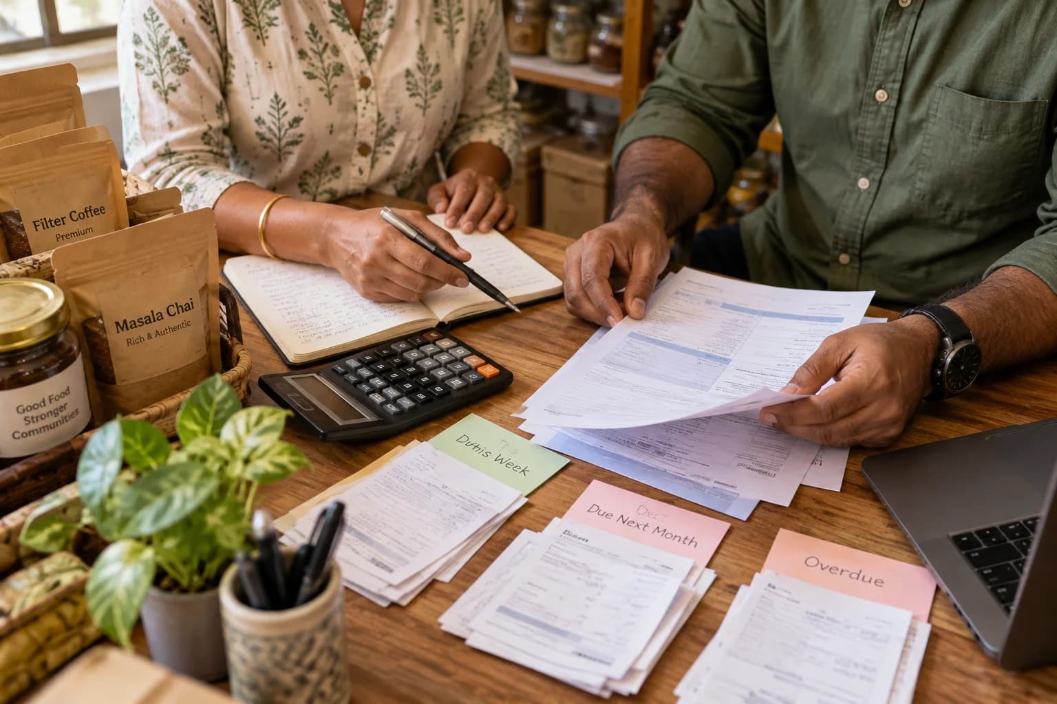 Hands sort invoices and payment dates beside a calculator and business ledger.
