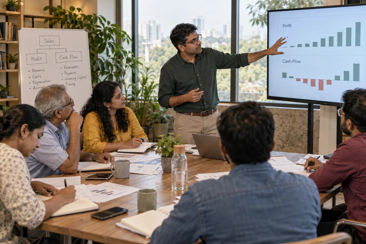 A facilitator explains profit and cash flow charts while adult learners work through financial worksheets.