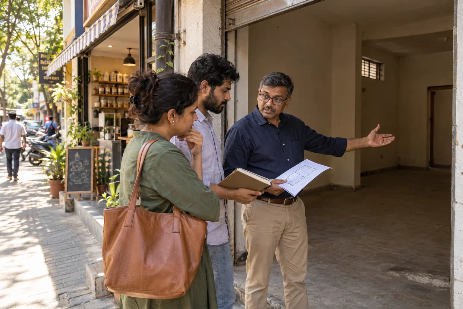 Business owners and a mentor assess a possible new shop space using plans and cost notes.