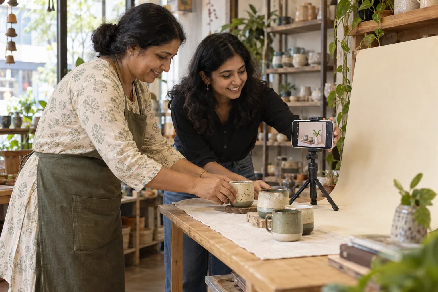 A shop owner and marketing practitioner photograph handmade cups for product content.