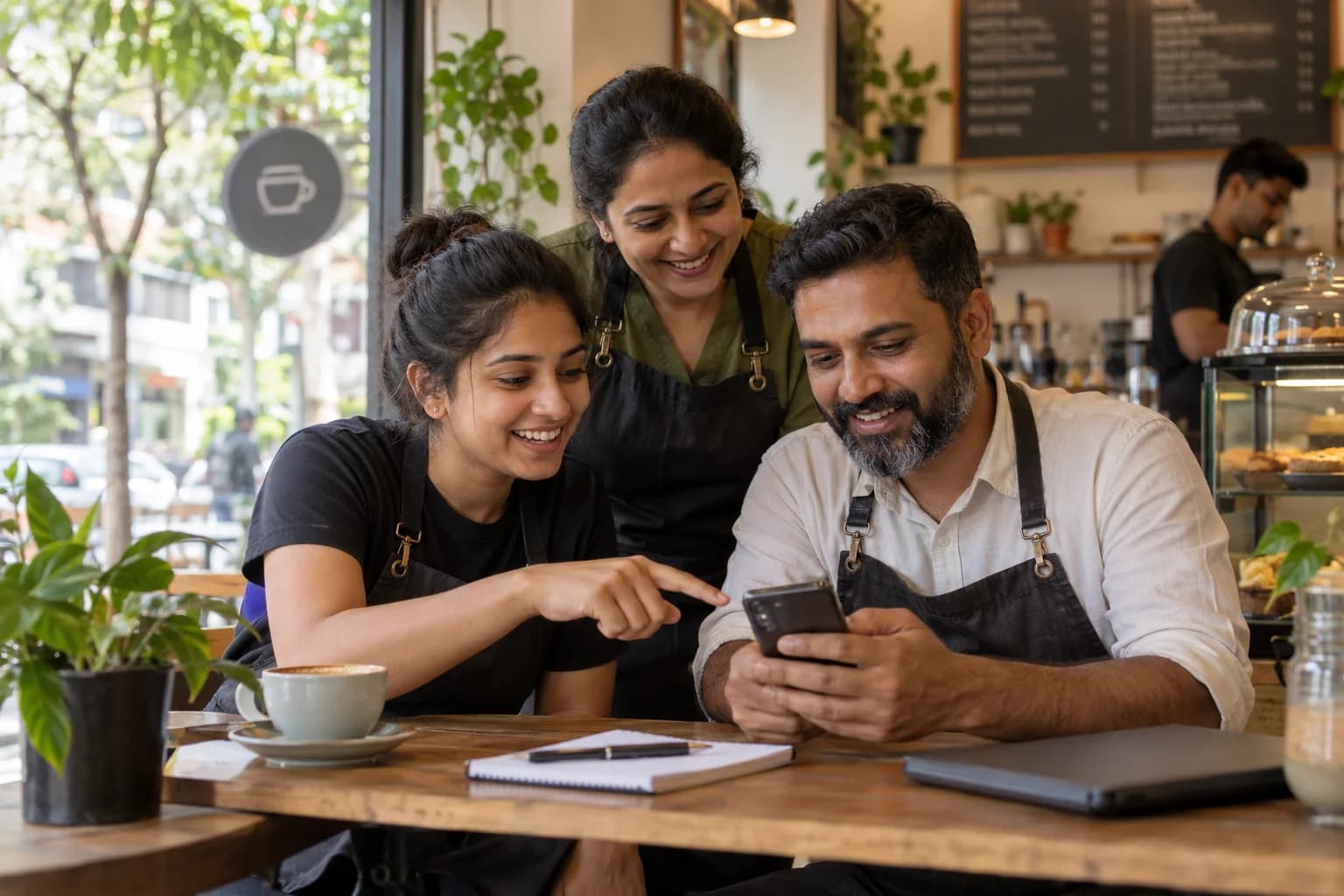 A café team reviews its online business listing and customer reviews on a phone.