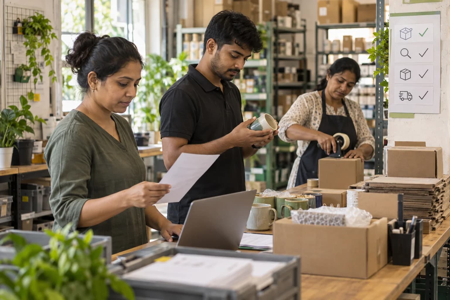 A small team checks orders, inspects products and packs parcels along an organised workbench.