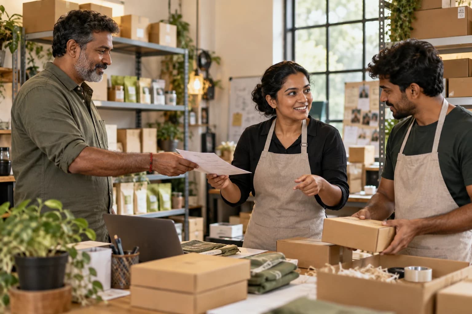A business owner delegates a delivery task while colleagues coordinate packing work.