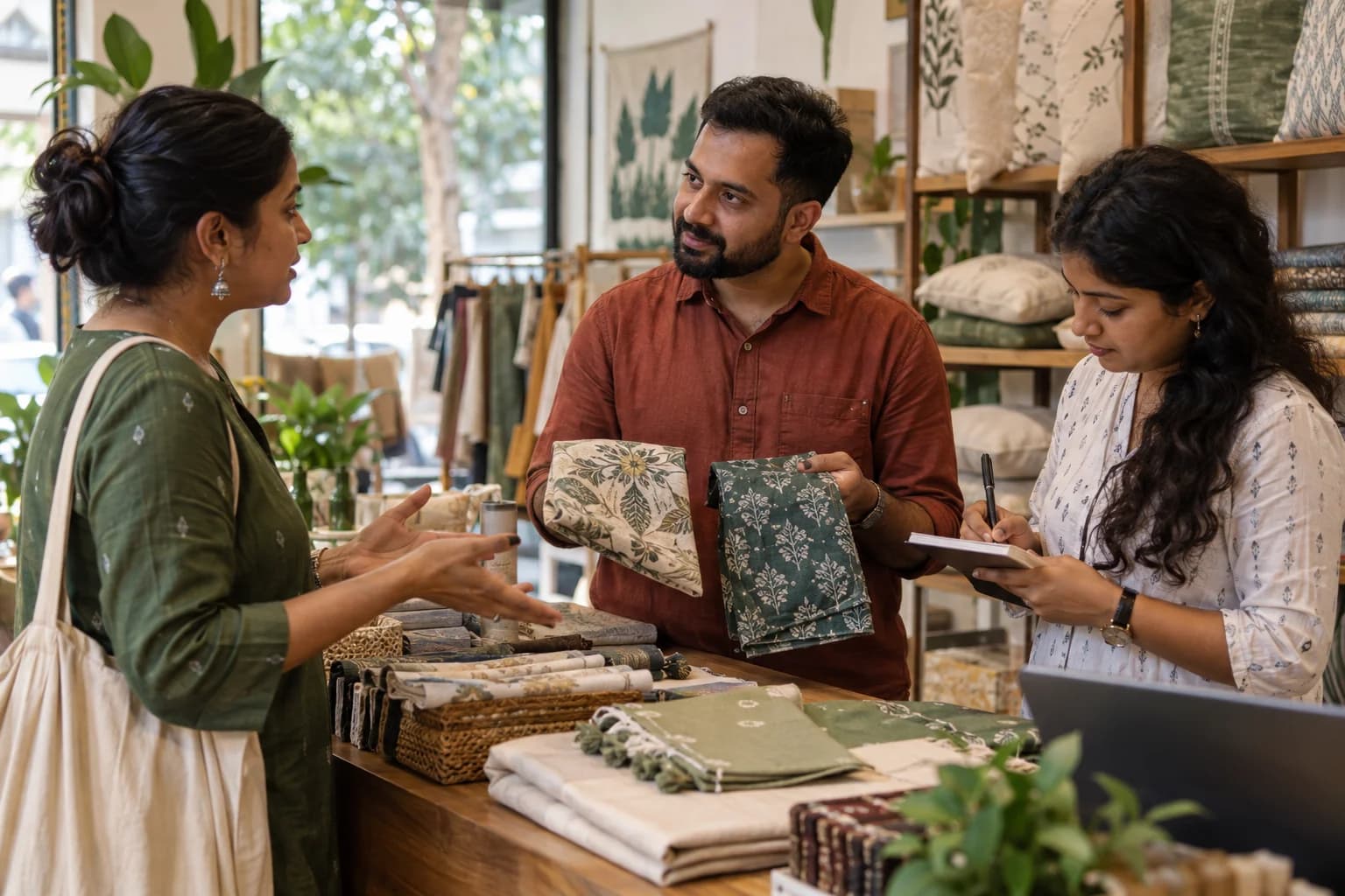 A business owner listens to a customer and compares product samples while a colleague records requirements.