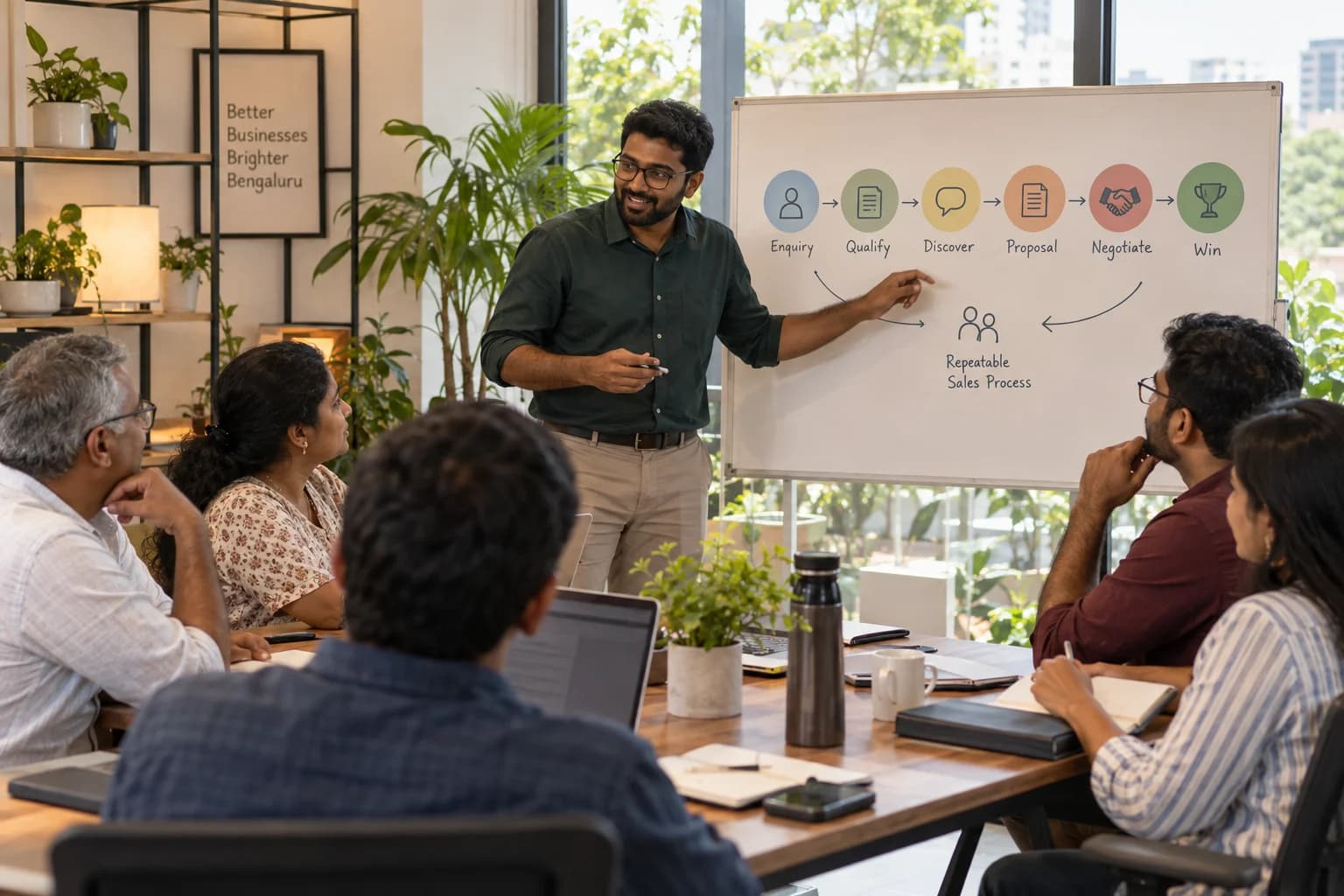 A facilitator guides business owners through a sales pipeline illustrated with customer, document and handshake symbols.
