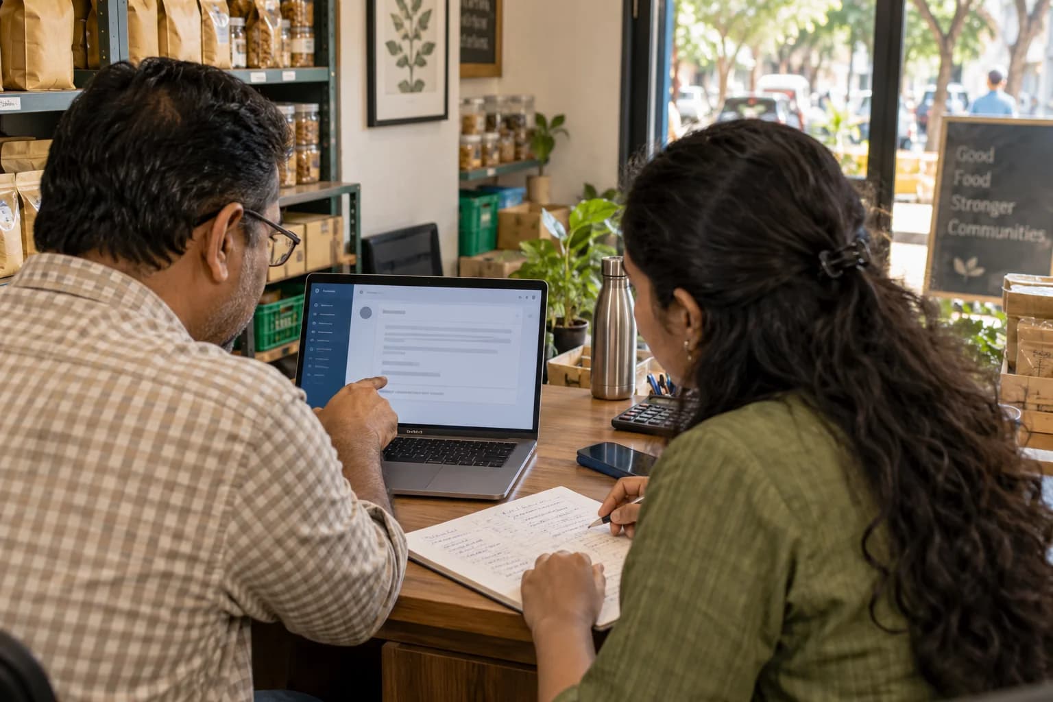 A shop owner and practitioner check a digital draft against real order details.
