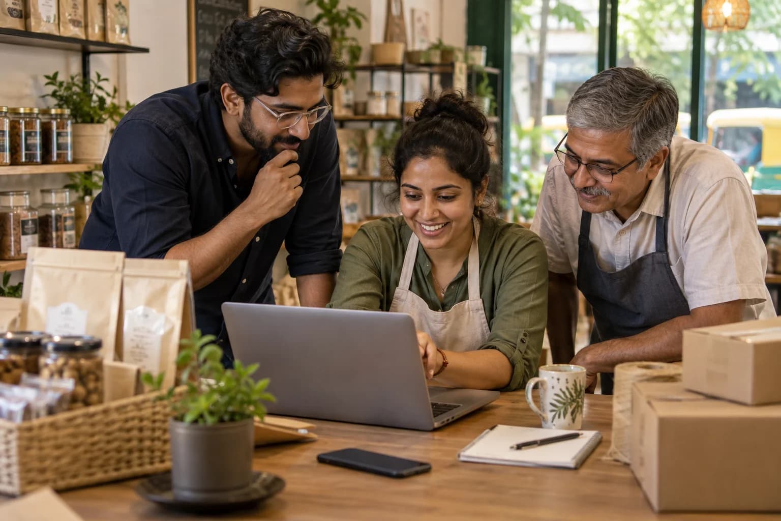 Small business owners explore digital tools on a laptop surrounded by their shop products and packaging.