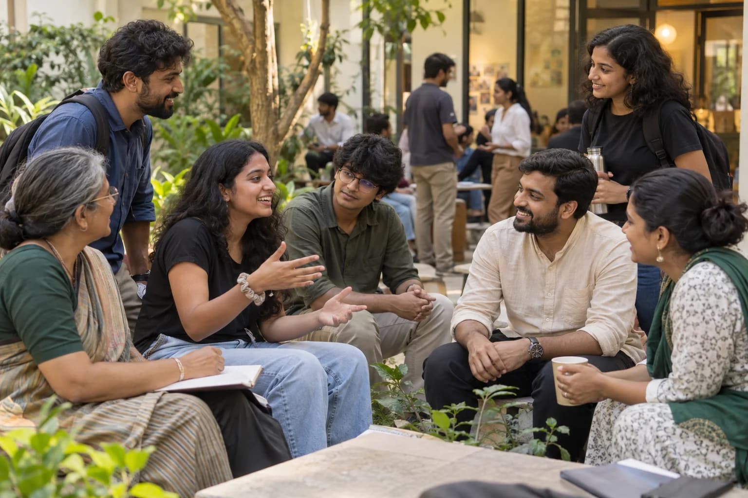 Mentors, volunteers and alumni share an informal courtyard conversation