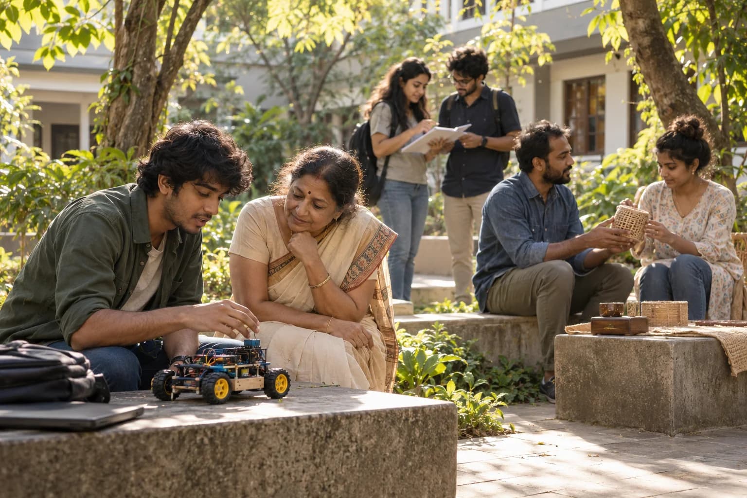 Community members share a working prototype, product samples and study notes in a leafy courtyard.