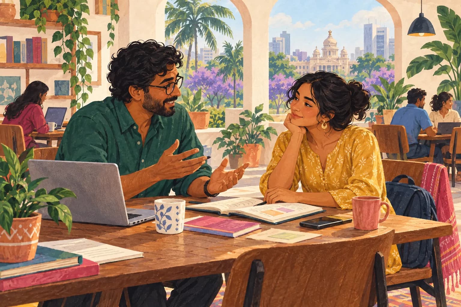 A mentor and young adult discuss goals together over an open notebook in a community workspace.