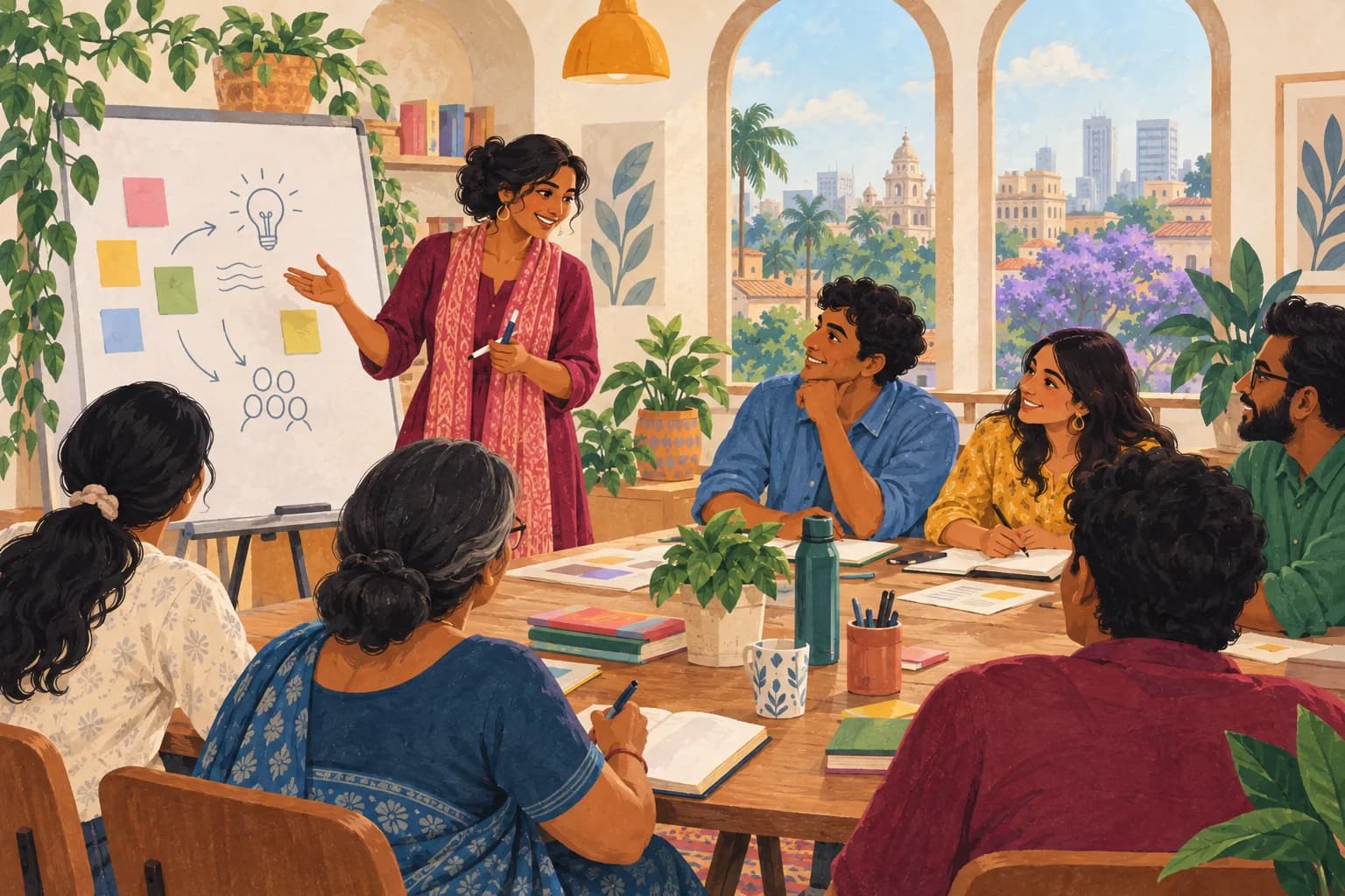 A trainer leads an interactive workshop with a whiteboard, worksheets and participants taking notes.