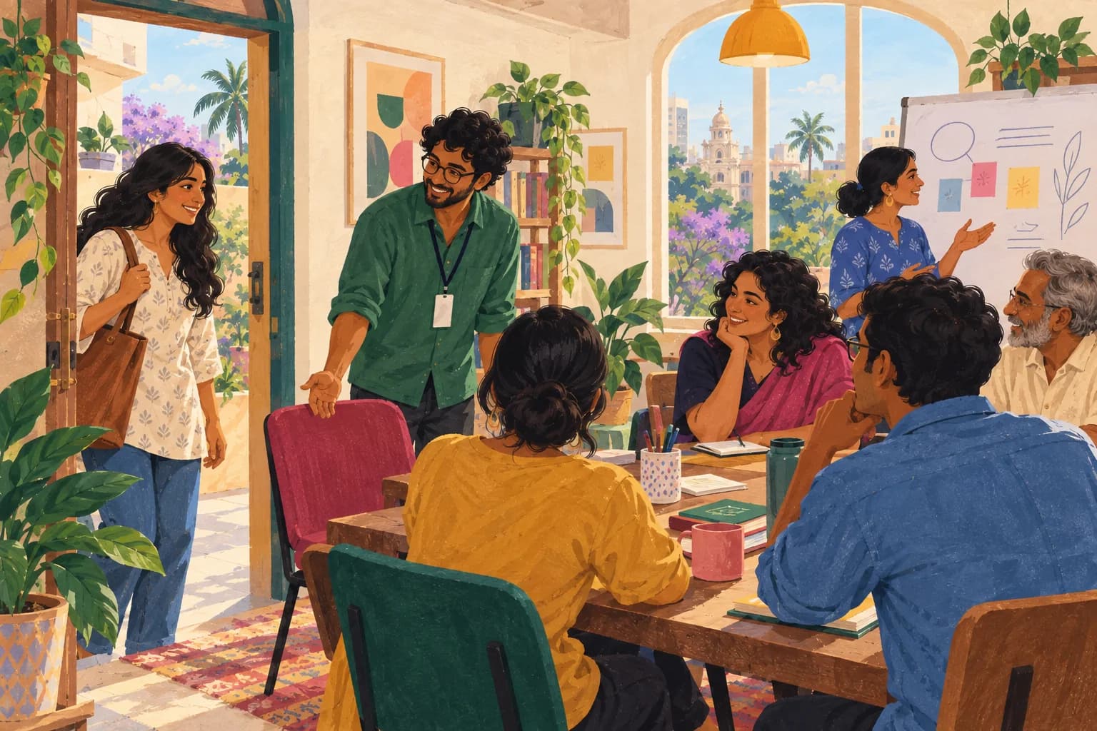 A volunteer welcomes a new participant and offers a chair at a community session