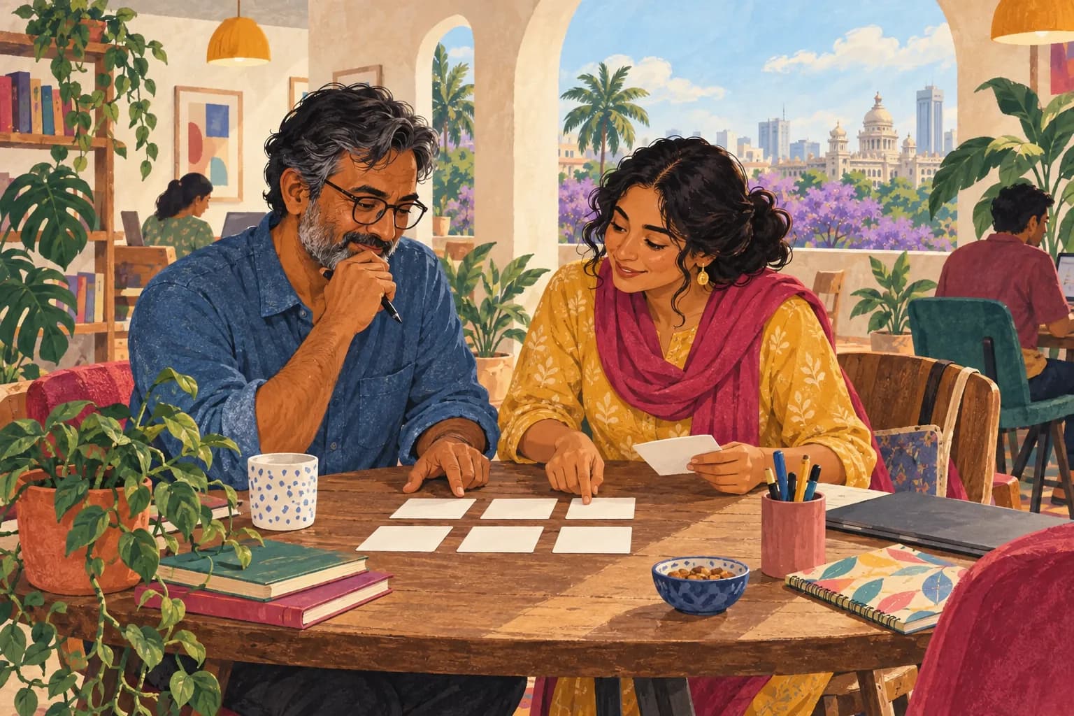 A participant and volunteer arrange six blank cards to plan a personal story