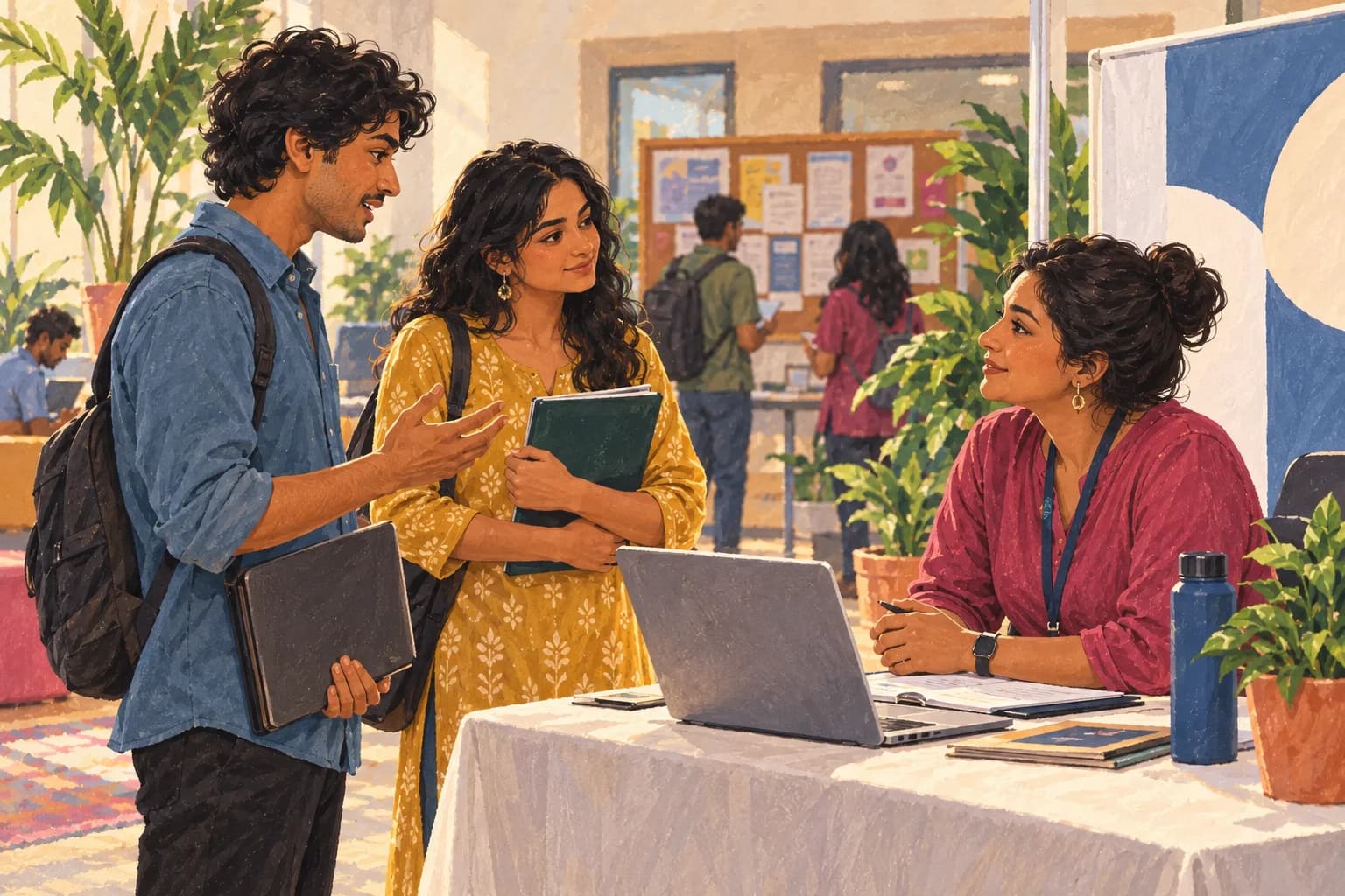 Young adults practise professional introductions with a recruiter at a career preparation event.