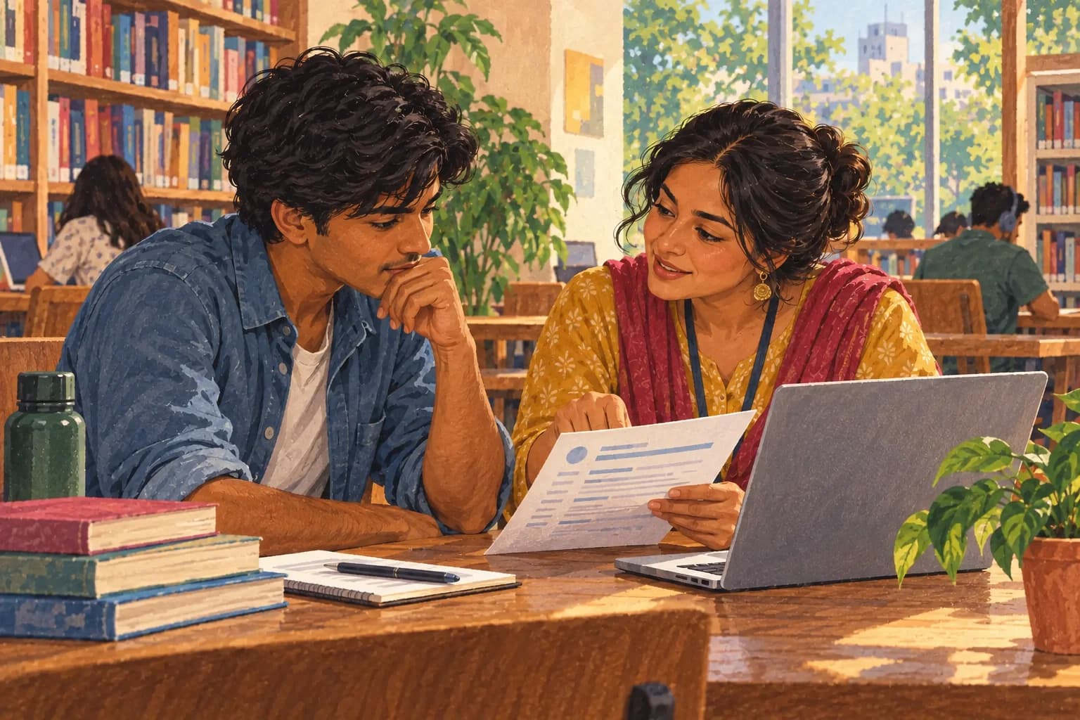 A graduate and career mentor review a résumé and portfolio in a library study nook.