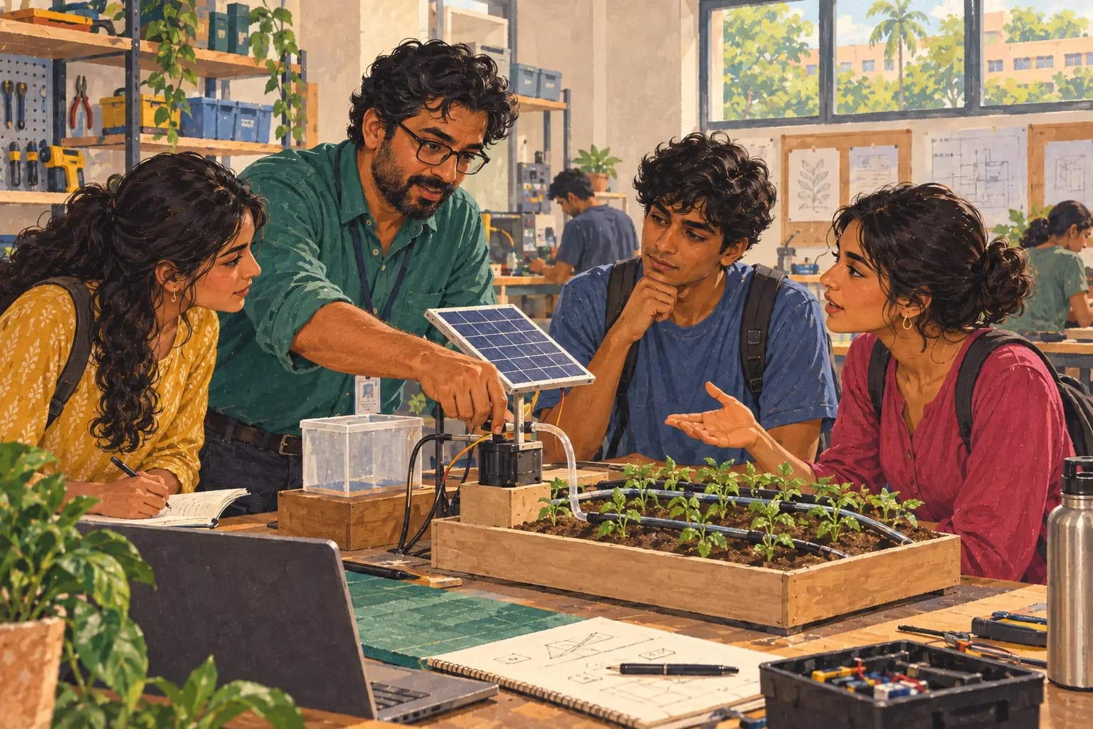 College students learn from a professional while exploring a working irrigation model.