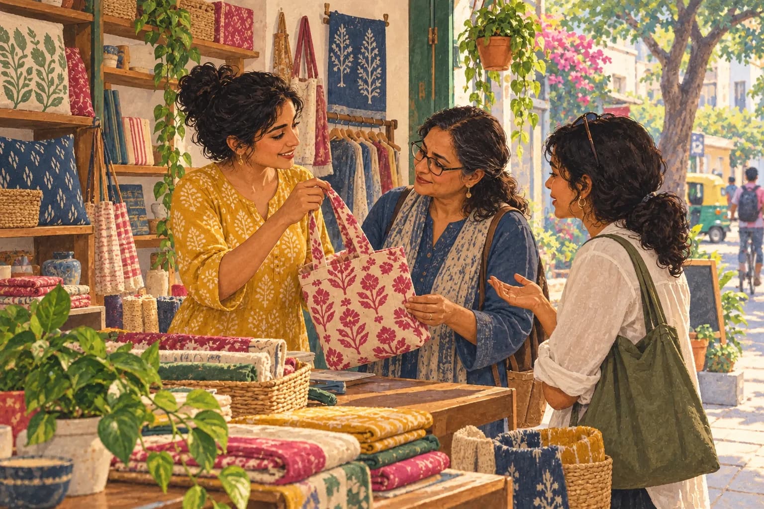 A small shop owner discusses a handmade product with an experienced peer and a customer.
