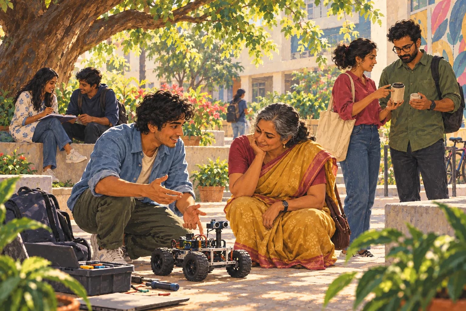 Community members share a working prototype, product samples and study notes in a leafy courtyard.