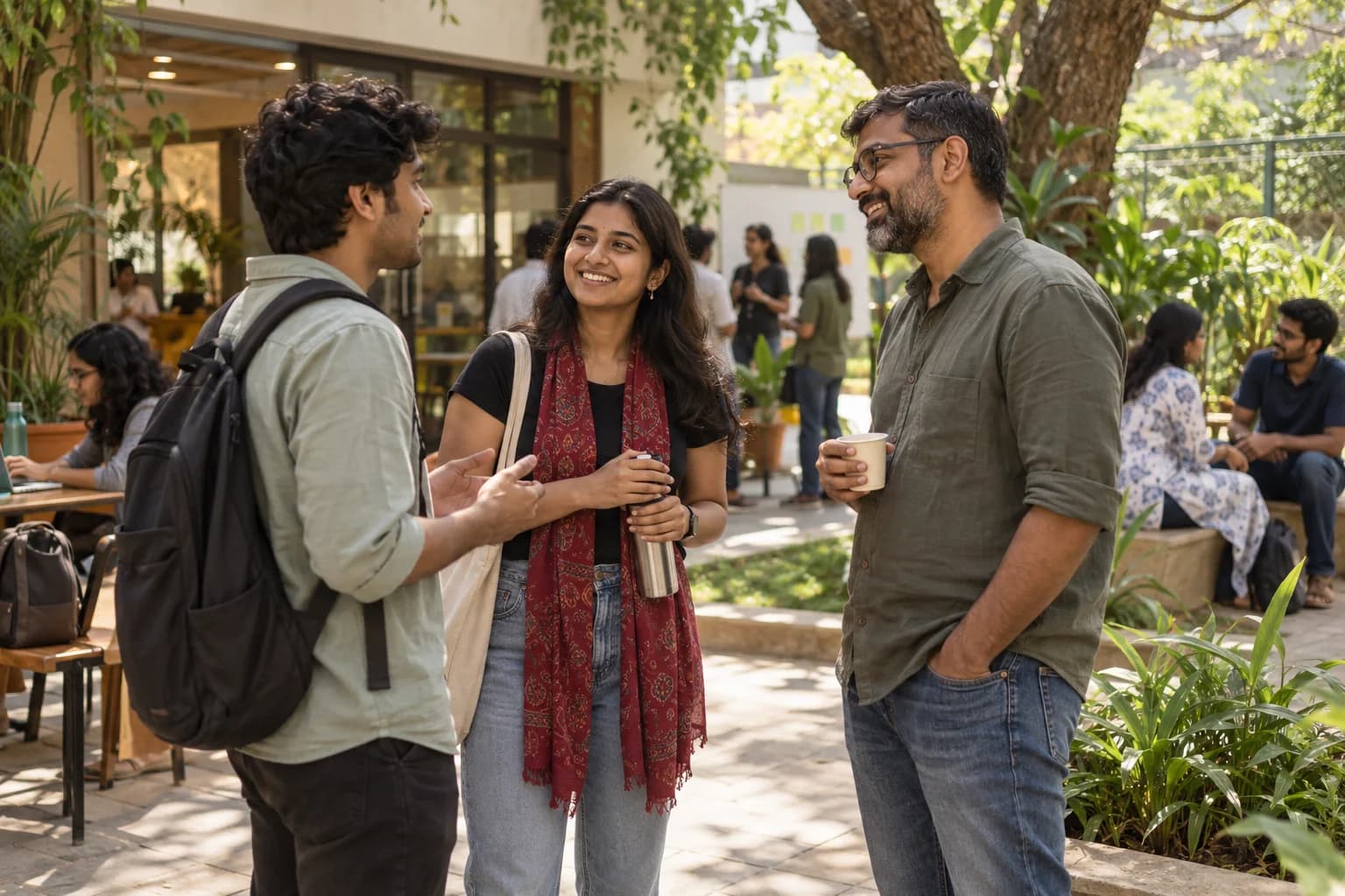 A newcomer talks with two community members in a leafy Bengaluru courtyard