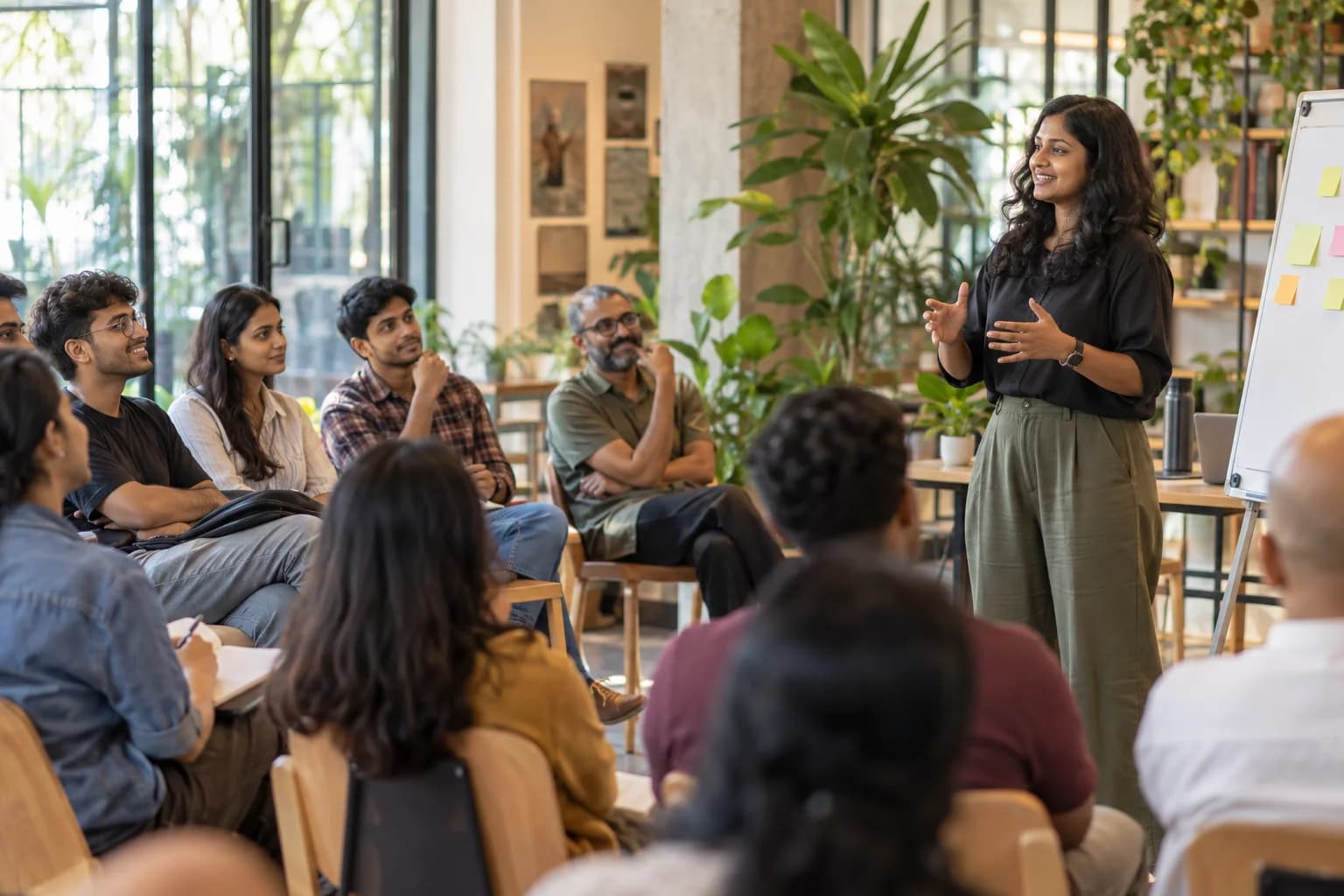 A facilitator leads a community learning session in a welcoming partner-hosted space.