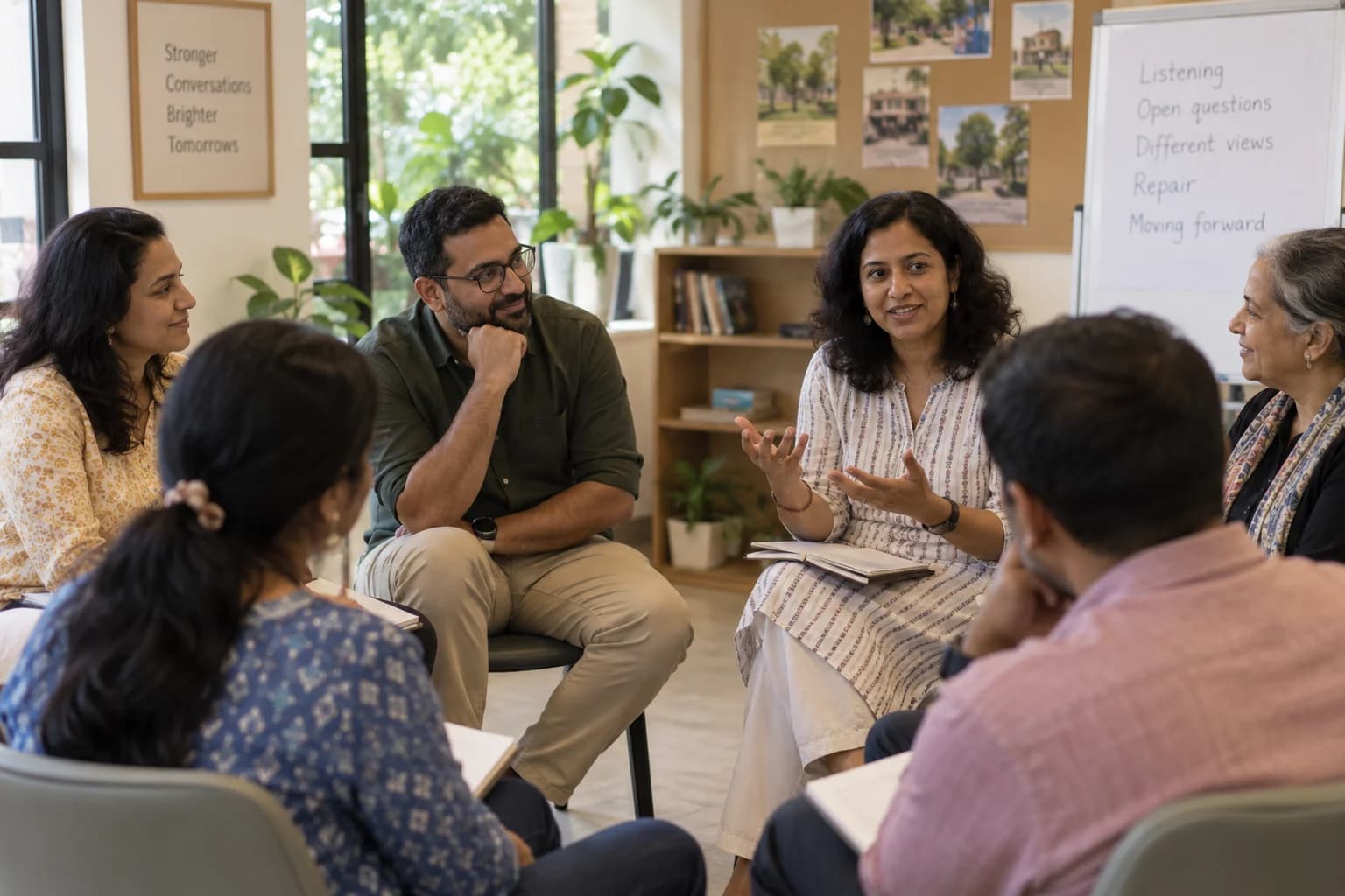Parents practise listening and conversation in a relaxed facilitator-led circle