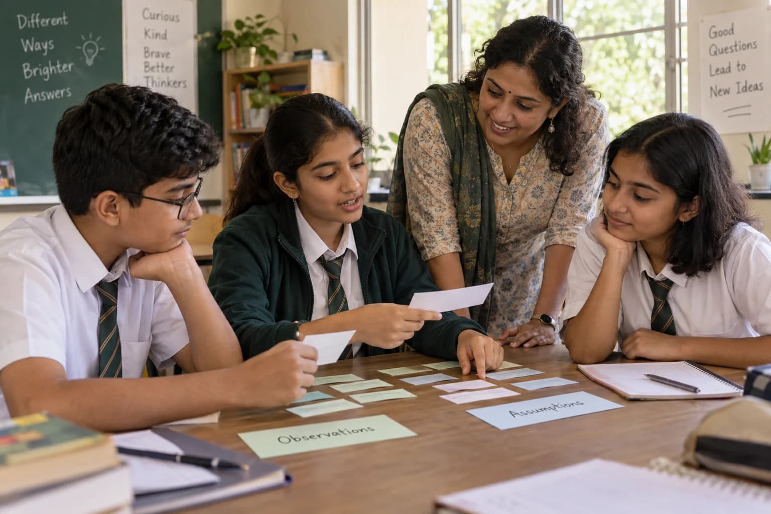 Three students sort observation and assumption cards with a teacher.