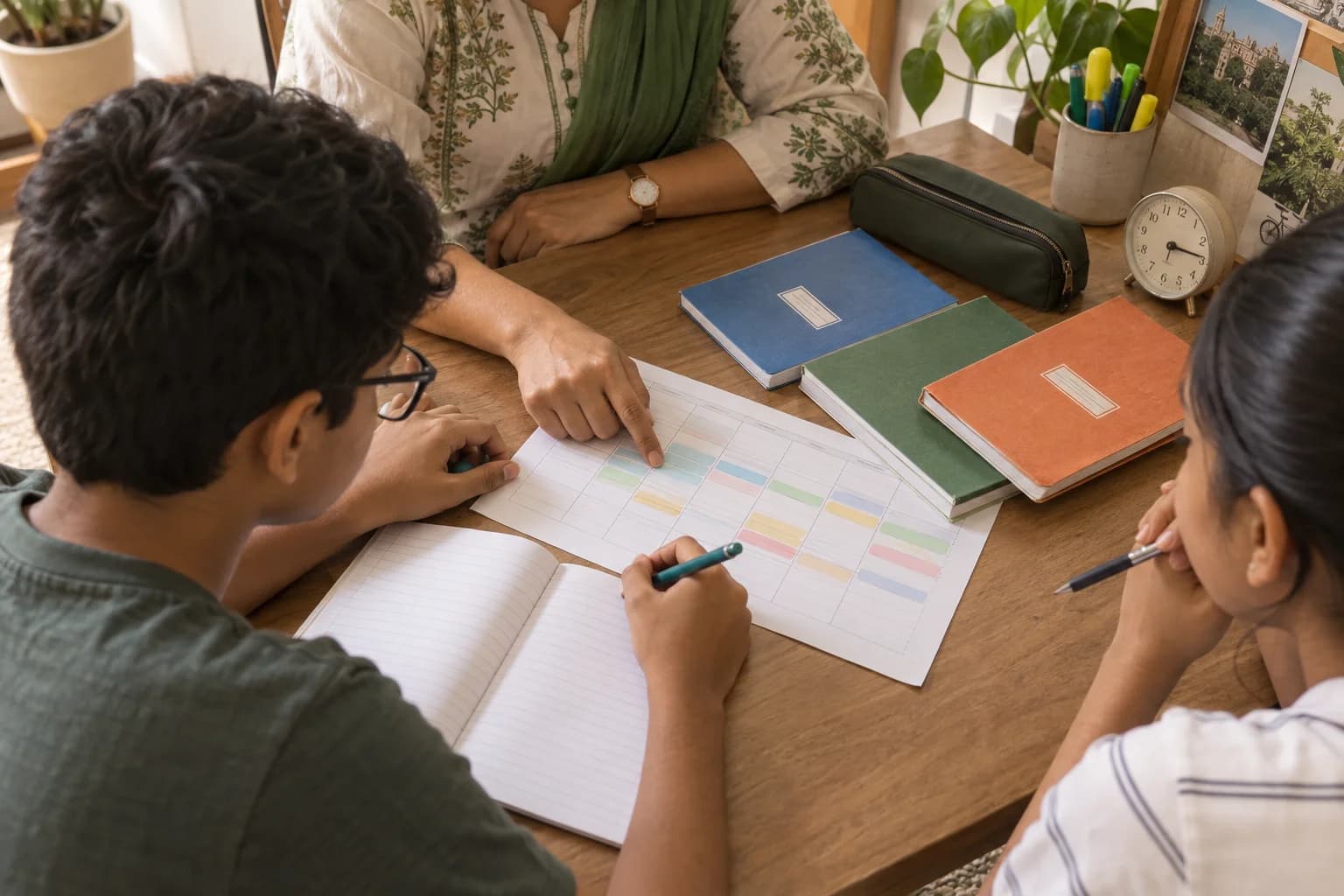 A pupil arranges a weekly study plan alongside subject notebooks and homework.