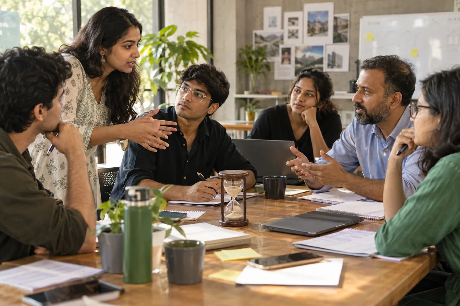 Students and facilitators debate a business decision around a table with an hourglass.