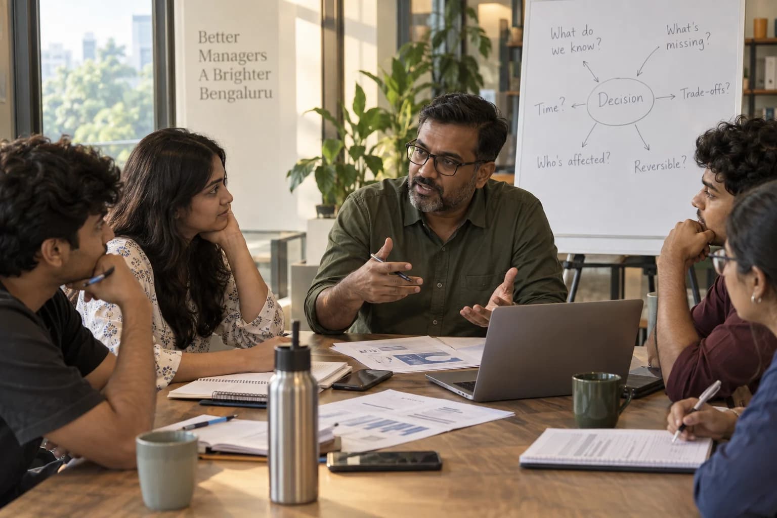 A manager discusses a decision and its tradeoffs with students using case materials